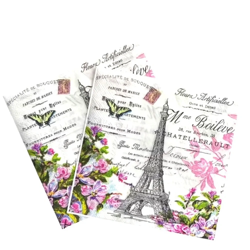 Set of Two (2) Individual Parisian Floral Script Decoupage Luncheon Size Napkins